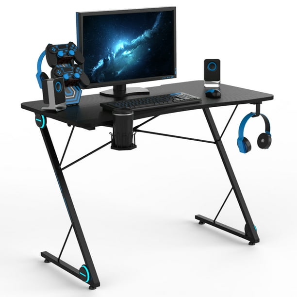 35, Blue Gmaing Desk Computer Gaming Desk Z Shaped Gaming Workstation Ergonomic Gaming Table with Headphone Hook for Game Players